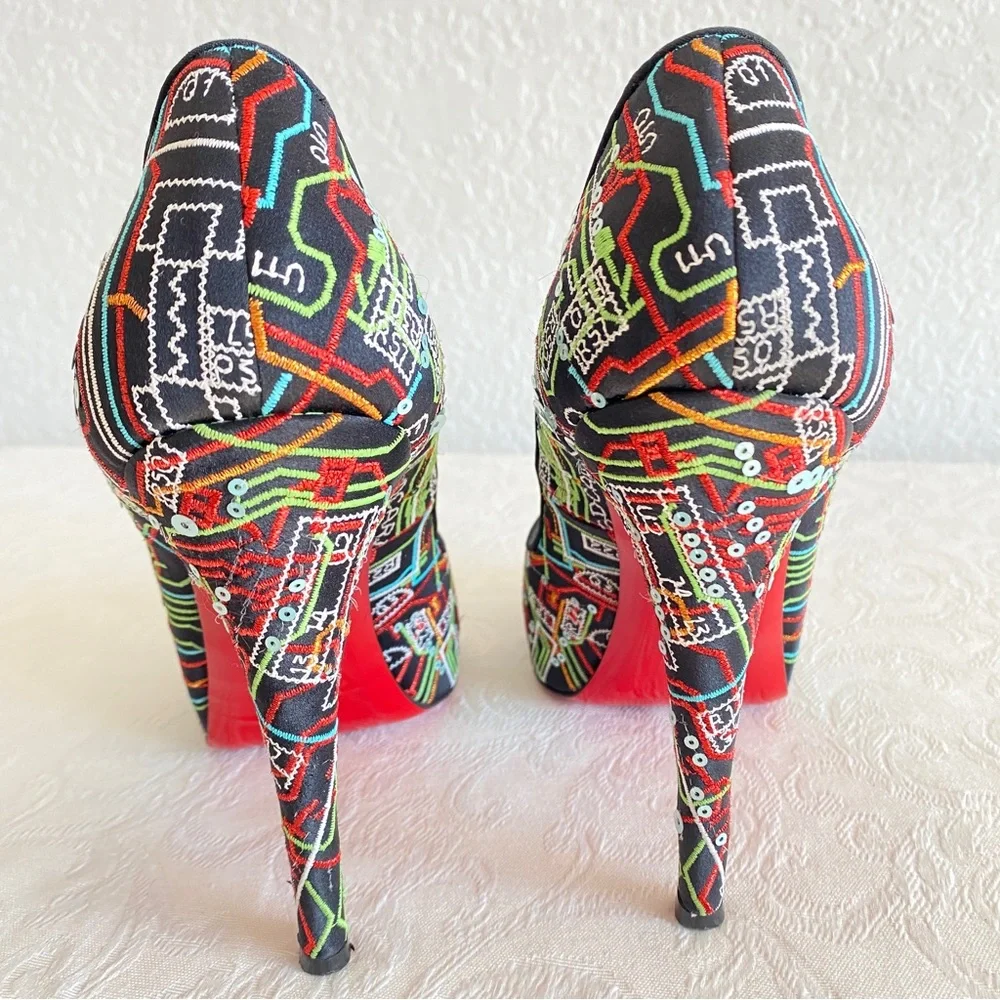 Christian louboutin embroidered peep toe platform pumps